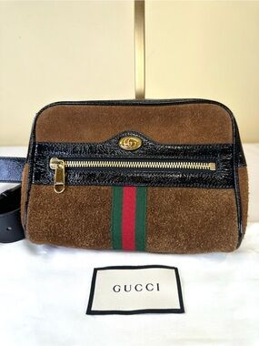 Gucci Ophidia Small Belt Bag Brown Suede Black Patent 85/34, 29.5-37.5” COA